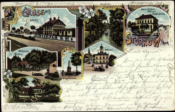 Litho Storkow in der Mark, Bahnhof, Gleisseite, Hotel zur Schleuse, Rathaus, Dampfmühle, Forsthaus