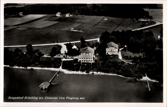 Postcard Arlaching Chieming in Upper Bavaria, aerial photograph, Seegasthof