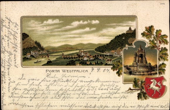 Embossed coat of arms Chromo-Litho Porta Westfalica, general view, Kaiser Wilhelm Monument