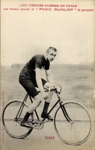 Postcard cyclist Baras, tire Dunlop, advertising
