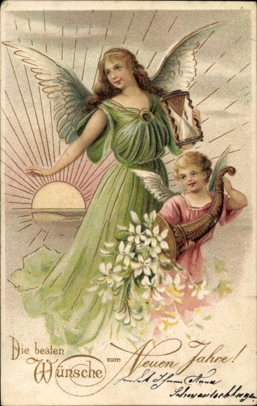 Embossed PC Happy New Year angel with hourglass and cornucopia, flowers, sunrise