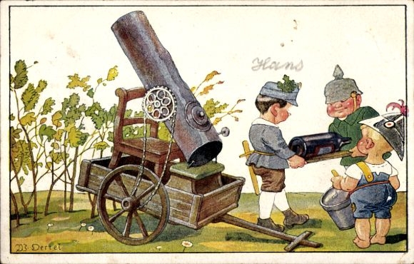 Artist Postcard Oertel, W., Motor mortar in position, children in uniform