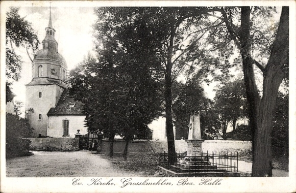 Postcard Grosskmehlen im Schraden, Evangelical Church, Monument