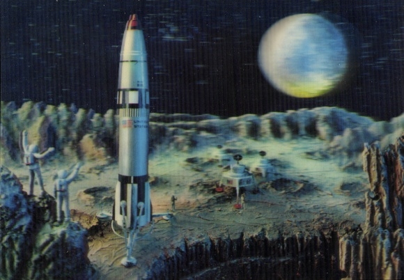 3 D Postcard moon landing, astronauts, rocket, USA