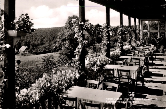 Postcard Hoheleye Winterberg in the Sauerland, restaurant with outdoor seating, flowering plants, rural