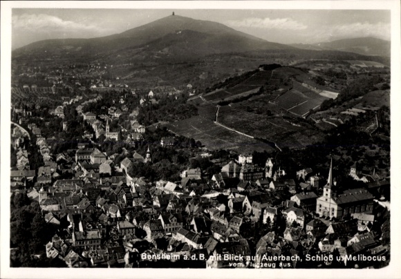 Postcard Bensheim on the Bergstraße Hesse, aerial view of Auerbach, Melibocus Castle
