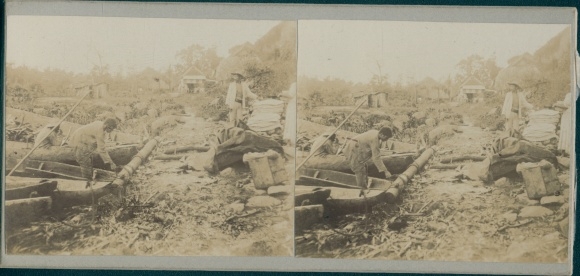 Stereo photo of French Guiana, Native Americans, indios, villagers, boat dock, world tour 1914