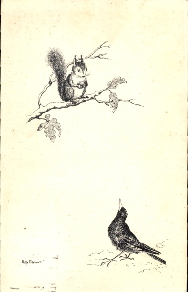 Artist Postcard Hetty Edelkoort, squirrel on a branch, blackbird
