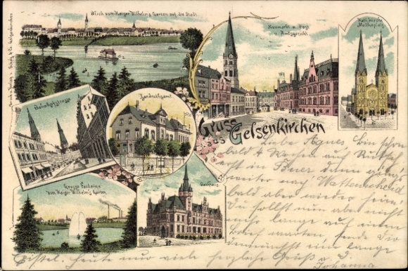 Chromo-Litho Gelsenkirchen in the Ruhr area, Bahnhofstraße, District Office, Church