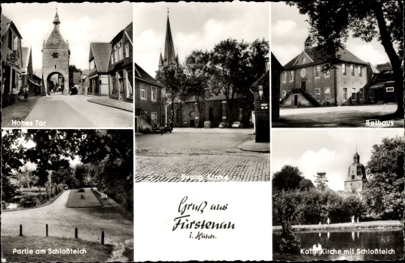 Ak Fürstenau in Niedersachsen, Hohes Tor, Kirche, Rathaus, Schloßteich