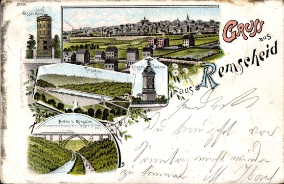 Chromo-Litho Remscheid in the Bergisches Land, general view, war memorial, dam, bridge