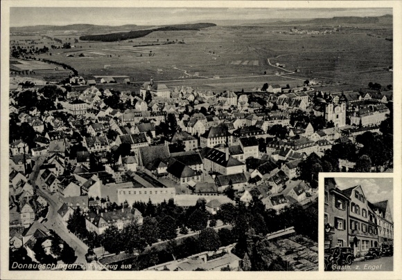 Ak Donaueschingen im Schwarzwald, Luftaufnahme von   Gebäude, Stadtansicht, Gasth. z. Engel