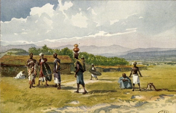 Artist Postcard Idunda Tanzania, locals in traditional clothing, snake