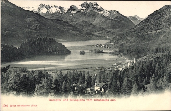 Postcard Silvaplana Kt. Graubünden, mountain landscape, camphor, Chasselas, lake