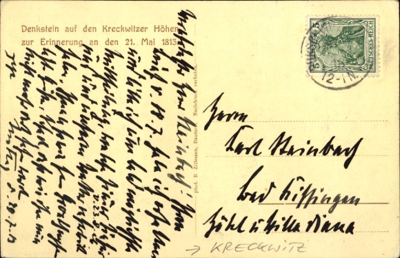 Ak Kreckwitz Kubschütz in Sachsen, Denkstein auf den Kreckwitzer Höhen