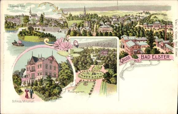Chromo-Litho Bad Elster in Vogtland, Panorama, Louisa Lake, Miramar Castle, Rose Garden