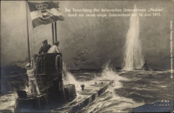 Ak Vernichtung des italienischen Unterseeboots Medusa, KuK Kriegsmarine, Schlacht