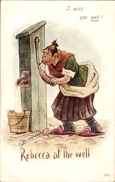 Postcard woman drawing water from the well, bucket, water drawer