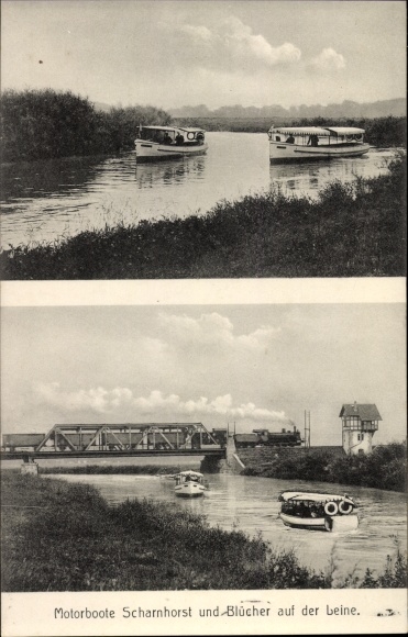 Postcard Rehten Laatzen on a leash, motor boats Scharnhorst and Blücher