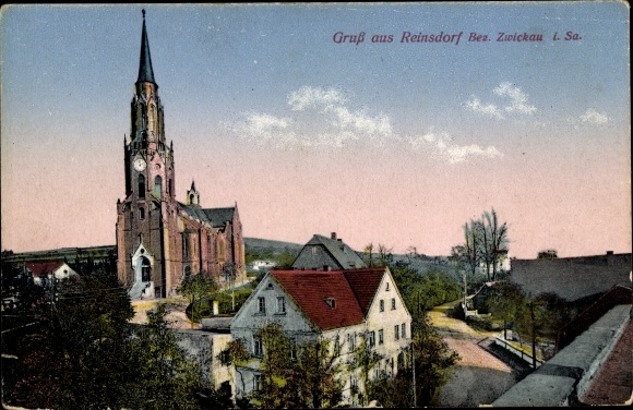 Postcard Reinsdorf in Saxony, view of the church