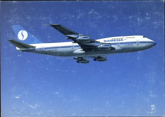 Postcard passenger plane, Sabena, Belgian World Airlines, Boeing 747 300