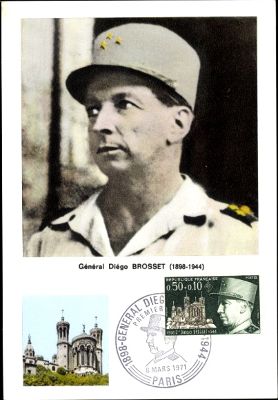 Maximum Postcard General Diego Brosset, Libere Lyon in 1944, First Day 1971