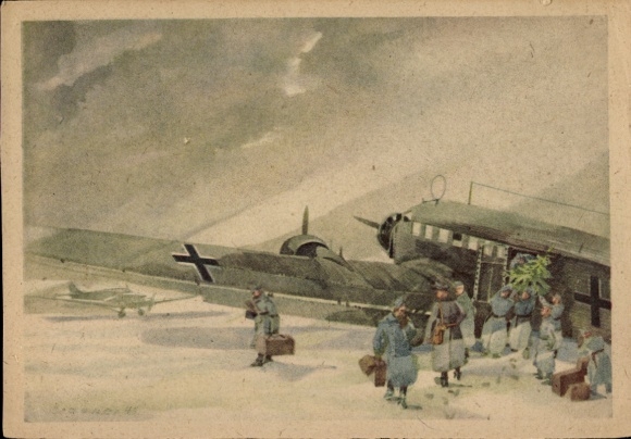 Künstler Ak Brauner, Dt. Luftwaffe, Junkers Ju 52 3/m Transportflugzeug, Weihnachtsgaben, Russland