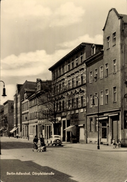 Postcard Berlin Treptow Adlershof, Dörpfeldstraße, shops
