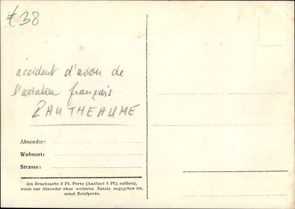 Postcard Aeroplan accident of the French aviator Lauteaume