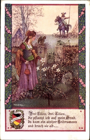 Artist Postcard Welzl, T., Three Lilies, Three Lilies...Knight, Woman in the Garden
