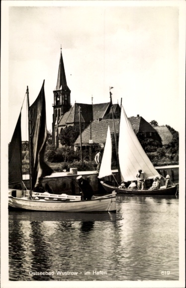 Postcard Ostseebad Wustrow Fischland, harbour, sailing boats, church