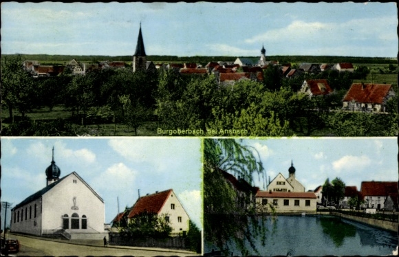 Postcard Niederoberbach Burgoberbach in Middle Franconia Bavaria, panoramic view of Burgoberbach, church...