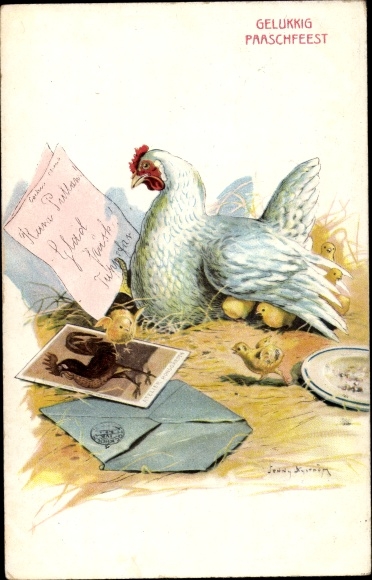 Artist PC Nyström, Jenny, congratulations Easter, hen with chicks and letter
