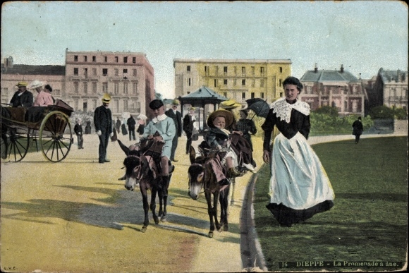 Postcard Dieppe Seine Maritime, Promenade a Donkey, children on donkeys, carriage