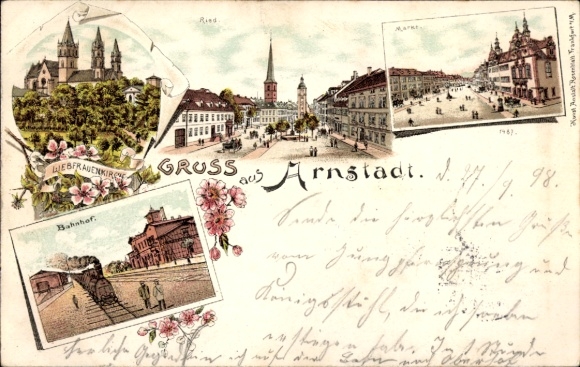 Chromo-Litho Arnstadt in Thuringia, Ried, market, train station, track side, Liebfrauenkirche