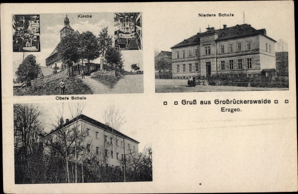 Postcard Großrückerswalde in the Ore Mountains, lower school, upper school, church
