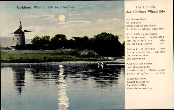 Ak Dresden West Gohlis, Blick auf die Windmühle an der Elbe, Chronik, Inh. Fam. Heide