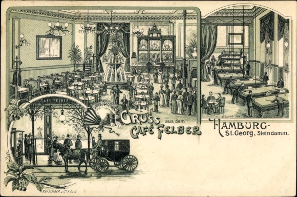 Chromo-Litho Hamburg Mitte St. Georg, Cafe Felber, Steindamm, interior view, billiard table, carriage