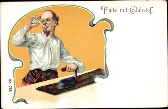 Artist Chromo-Litho plate with glow material, man ironing