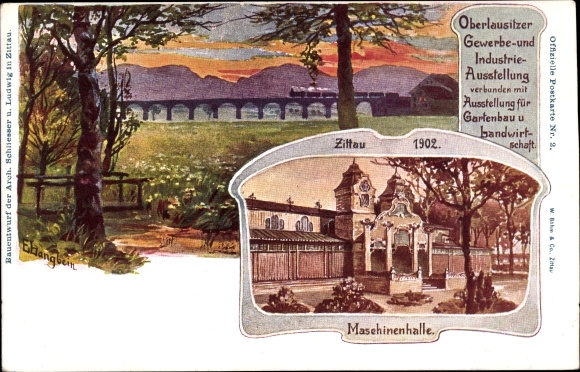 Kunstenaarskaart Zittau Oberlausitz, Opper-Lausitz handels- en industrietentoonstelling 1902, machinehal