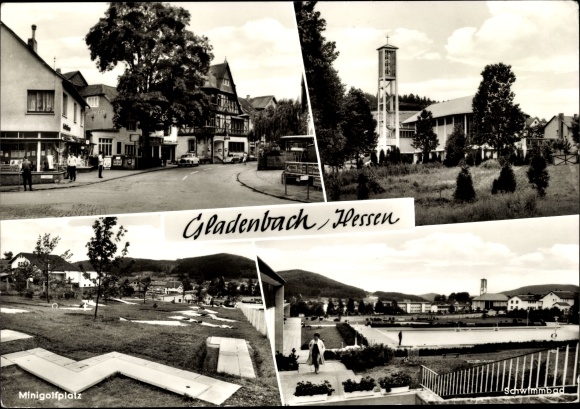 Postcard Gladenbach Hessen, street section, church, swimming pool, mini golf course