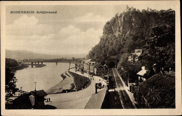Postcard Děčín Tetschen Bodenbach Elbe Reg. Aussig, Schäferwand, railway line, tunnel