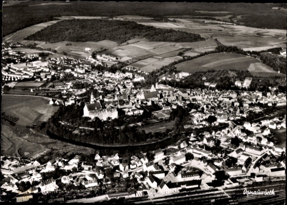 Postcard Donauwörth in Swabia Bavaria, aerial photograph of cityscape, landscape, 1957