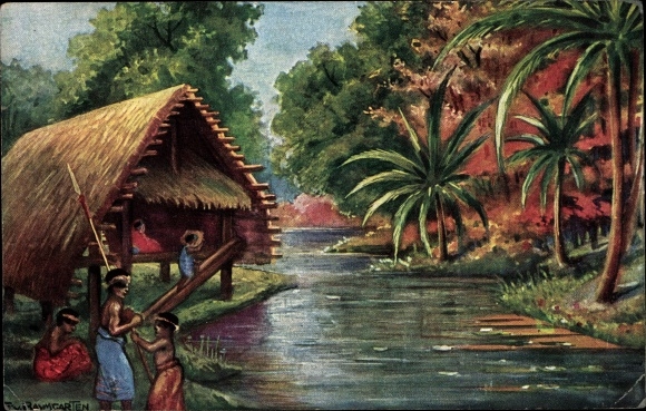 Kunstenaar ansichtkaart Baumgarten, Fritz, Neumecklenburg Nieuw-Ierland Papoea-Nieuw-Guinea, koloniale krijger bedankt