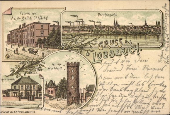 Chromo-Litho Lobberich Nettetal am Niederrhein, factory, general view, K. vd Upwich, Bochholt ruins