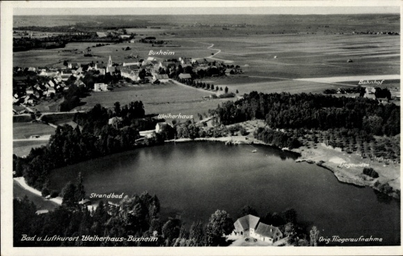 PC Buxheim in Swabia, pond house, beach, train station, aerial photo