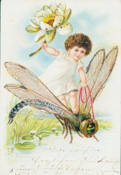Glitter Chromo-Litho Child riding dragonfly, pond