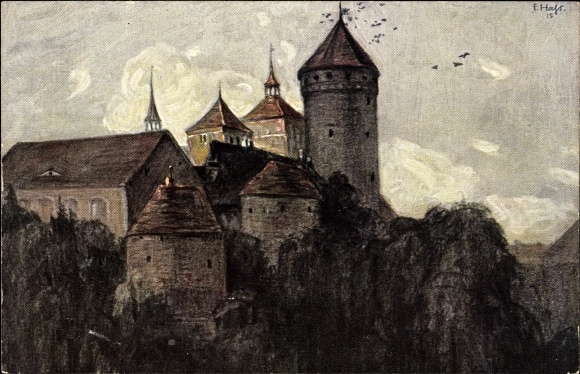 Kunstenaars Ak Haß, Fritz, Reszel Rössel Oost-Pruisen, kasteel en kerk