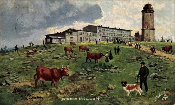 Artist Postcard Thomas, Paul, Brocken National Park Harz, observation tower, accommodation, cows, dog