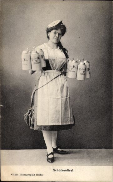 Postcard Schützenlisel, woman with beer mugs